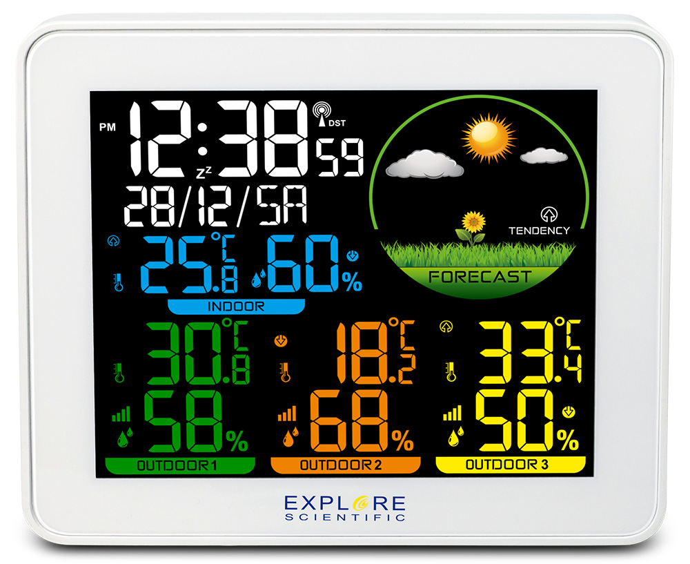 Метеостанция Explore Scientific с цветным экраном и тремя датчиками, белая